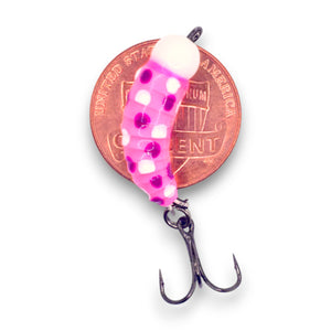 A collection of colorful fishing lures designed to resemble a maggot, with a variety of patterns and colors.